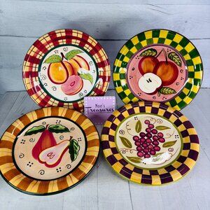 90's CBK,LTD Fruit Motif Checkered Rim Hand-Painted Ceramic Dinner Plates Set 4